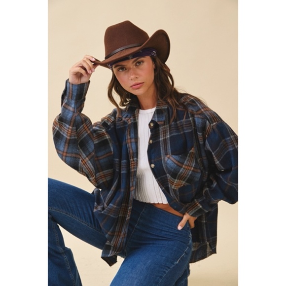 Navy Blue Kambrie Button Down Plaid Patchwork Flannel Casual Shirt - Picture 9 of 10